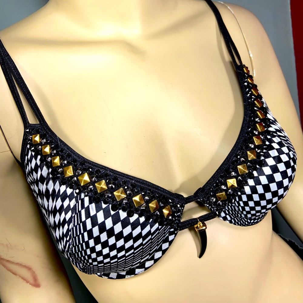 Xanadu Designs, one of a kind, upcycled Bra Top, 
With stud trim and Rhinestones